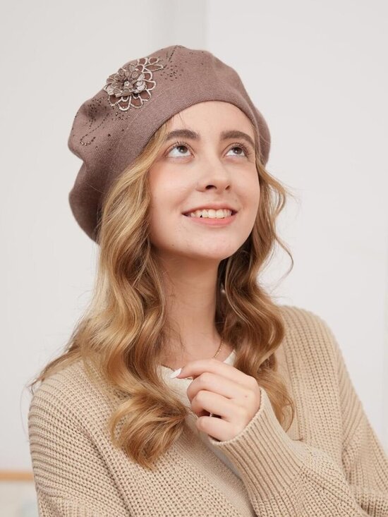 Women\'s French Style Flower Knitted Embroidery Beret Hats Wine Red 2 Flowers